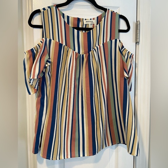 Monteau Los Angeles Size XL Cold Shoulder Navy Cream Sage Striped Ruffle Top - Picture 1 of 11
